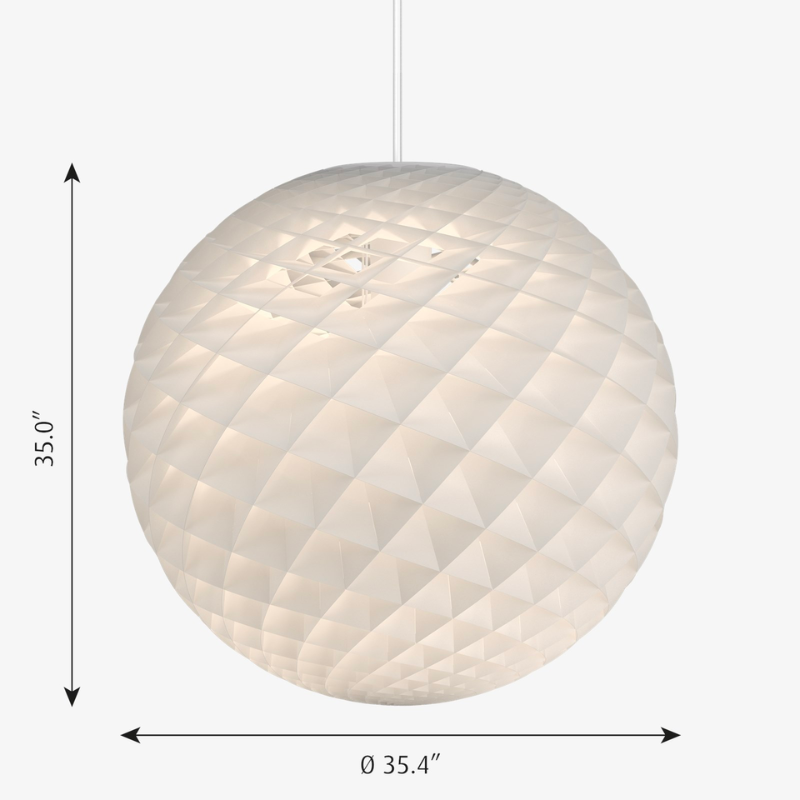 The Patera pendant is a glowing sphere built up of small diamond-shaped cells. Each cell is carefully designed to capture light and to shield the light source from the viewing angles above 45 degrees. Each cell glows. Below 45 degrees, the fields are open to direct light downwards. A small amount of light is also sent upwards to illuminate the ceiling. Designed by Danish designer Øivind Slaatto who took inspiration from the Fibonacci spiral.