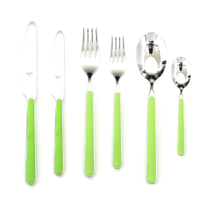 The Fantasia 36 Piece Cutlery Set from Mepra in acid green (you get 6 of each flatware piece).