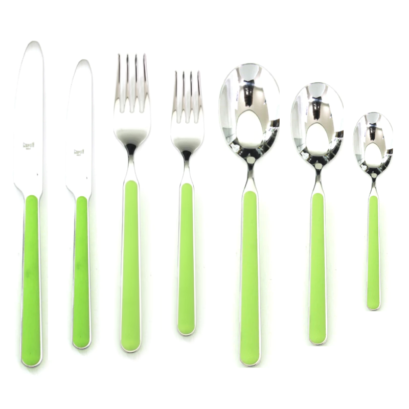 The Fantasia 42 Piece Cutlery Set from Mepra in acid green (you get 6 of each flatware piece).