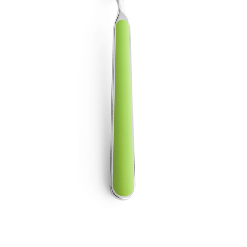 The handle color of the flatware pieces in the Fantasia 36 Piece Cutlery Set from Mepra in acid green.