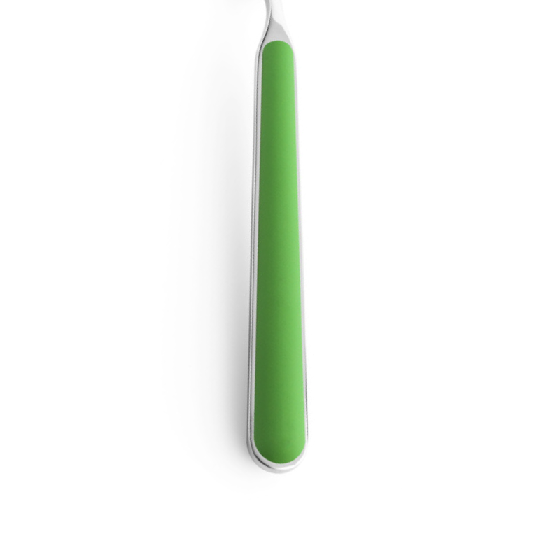 The handle color of the flatware pieces in the Fantasia 36 Piece Cutlery Set from Mepra in apple green.