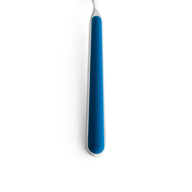 The handle color of the flatware pieces in the Fantasia 36 Piece Cutlery Set from Mepra in blue.