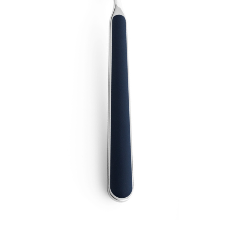 The handle color of the flatware pieces in the Fantasia 36 Piece Cutlery Set from Mepra in cobalt.