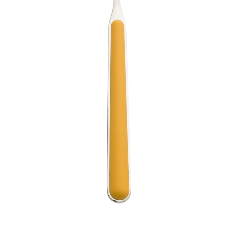 The handle color of the flatware pieces in the Fantasia 36 Piece Cutlery Set from Mepra in ocher.