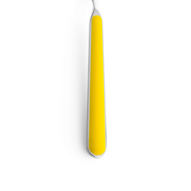 The handle color of the flatware pieces in the Fantasia 36 Piece Cutlery Set from Mepra in yellow.