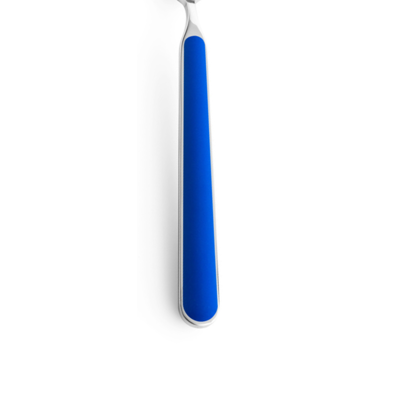 The handle color of the flatware pieces in the Fantasia 42 Piece Cutlery Set from Mepra in electric blue.