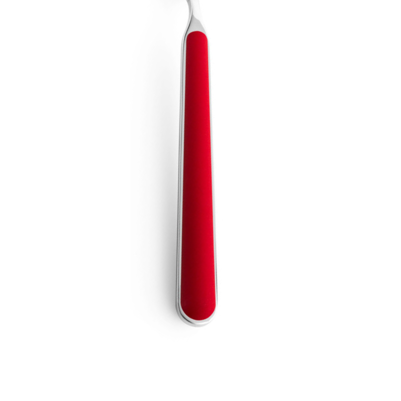 The handle color of the flatware pieces in the Fantasia 74 Piece Cutlery Set from Mepra in red.