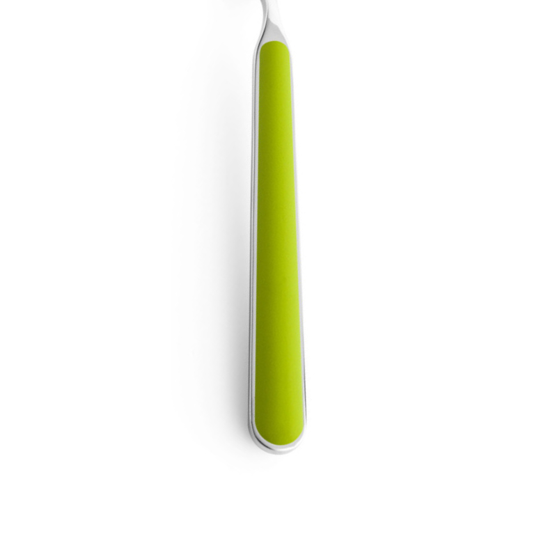 The handle of the Fantasia Salad Serving Fork from Mepra in olive green.