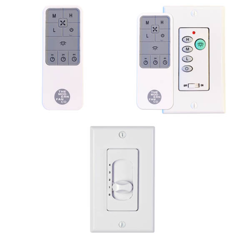 These are the three controller options for the Altus Flush ceiling fan from the Modern Fan Co. In the top left you have the handheld remote, top left is the wall and remote combo, and on the bottom the fan speed only option.