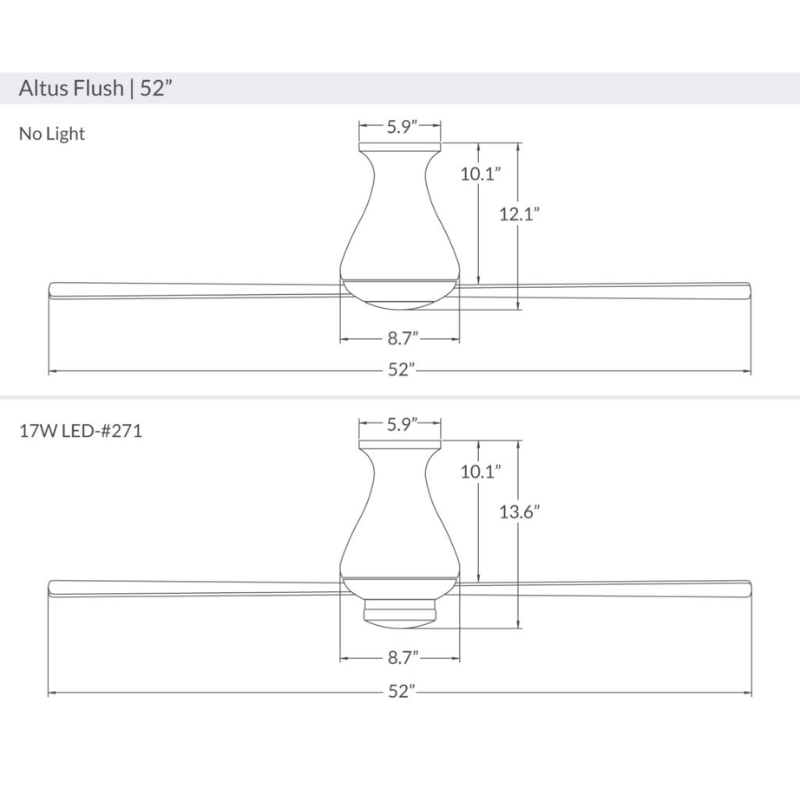 The dimensions for the 52" Altus Flush from Modern Fan Co.