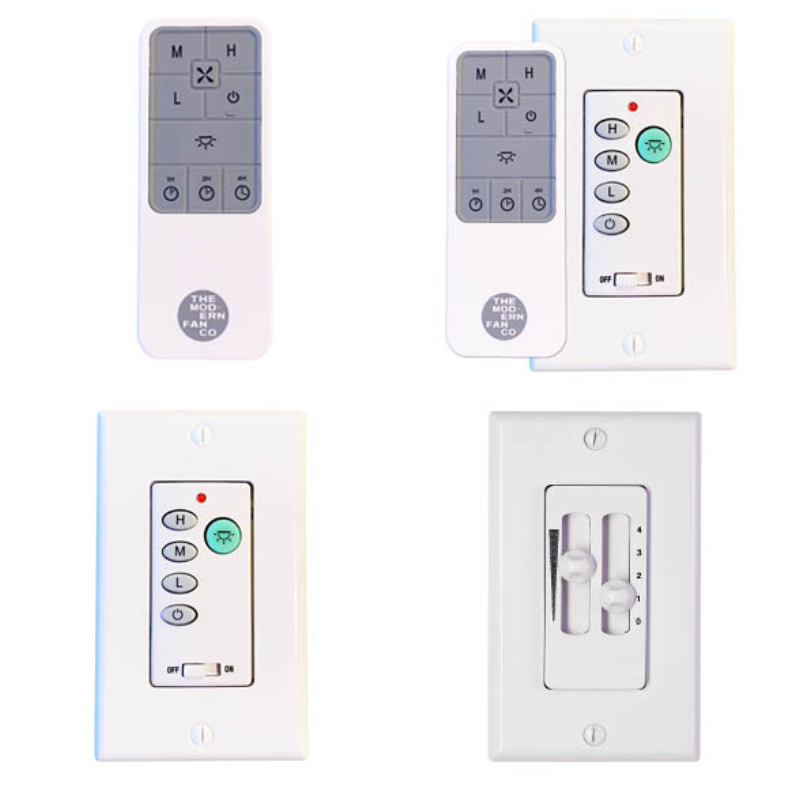 These are the four controller options for the Altus Flush LED ceiling fan from the Modern Fan Co. In the top left you have the handheld remote, top left is the wall and remote combo, bottom left is the fan and light 2 wire, and bottom right is the fan and light 3 wire.
