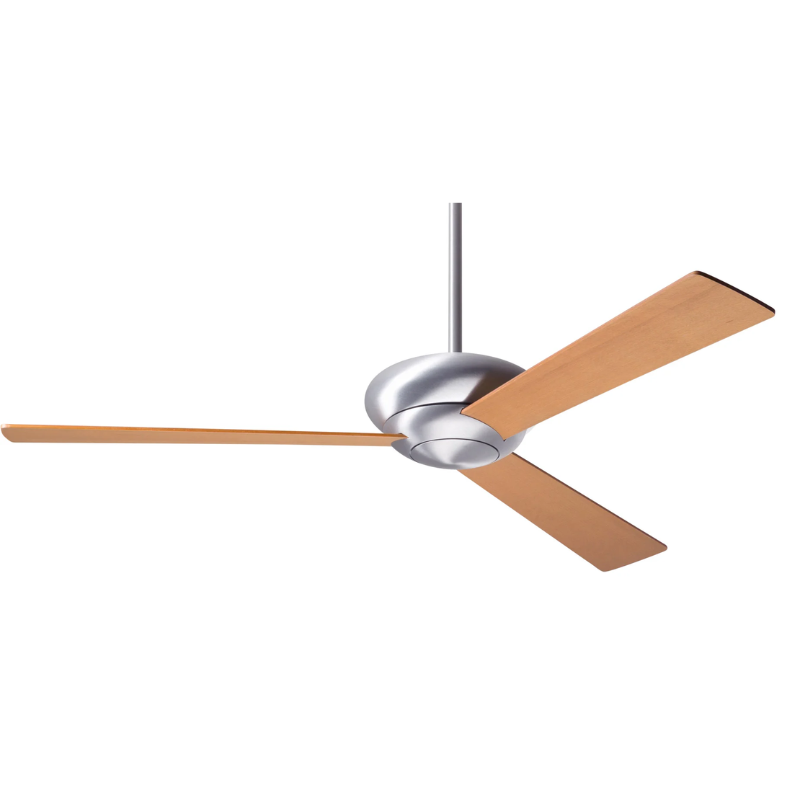 The Altus - 52" ceiling fan from The Modern Fan Co. with the brushed aluminum body and maple plywood blades.