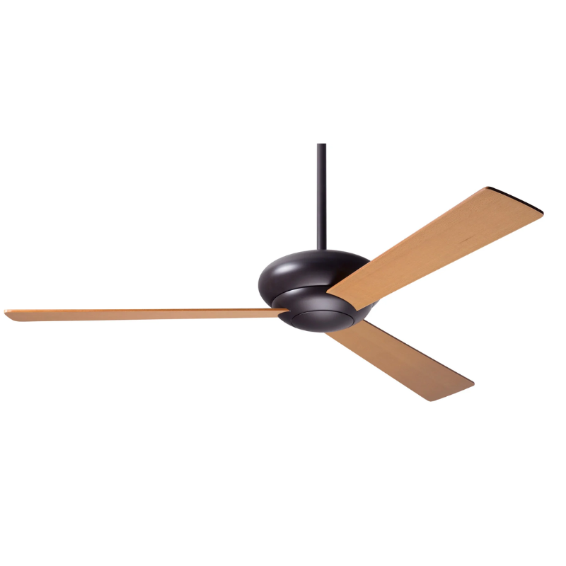 The Altus - 52" ceiling fan from The Modern Fan Co. with the dark bronze body and maple plywood blades.