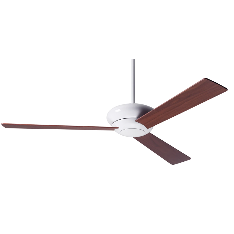 The Altus - 52" ceiling fan from The Modern Fan Co. with the gloss white body and mahogany plywood blades.
