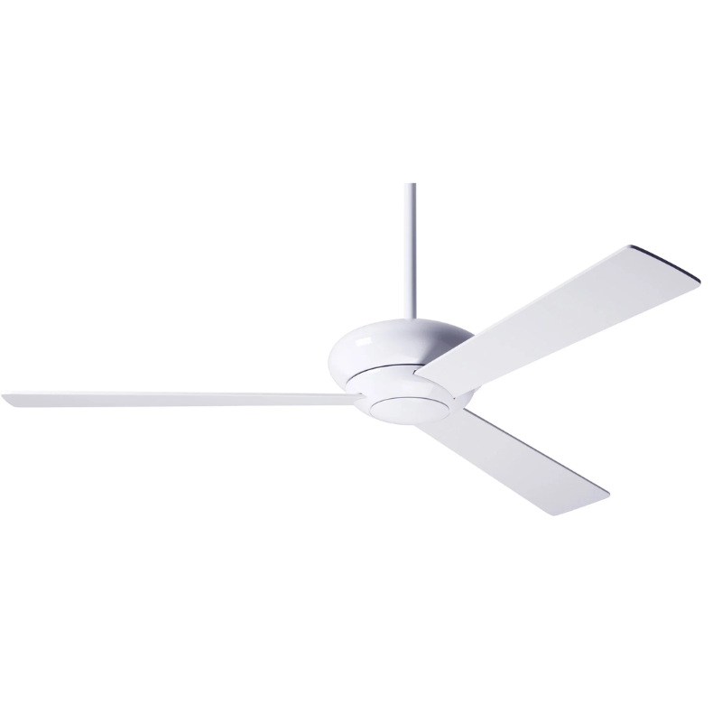 The Altus - 52" ceiling fan from The Modern Fan Co. with the gloss white body and white plywood blades.
