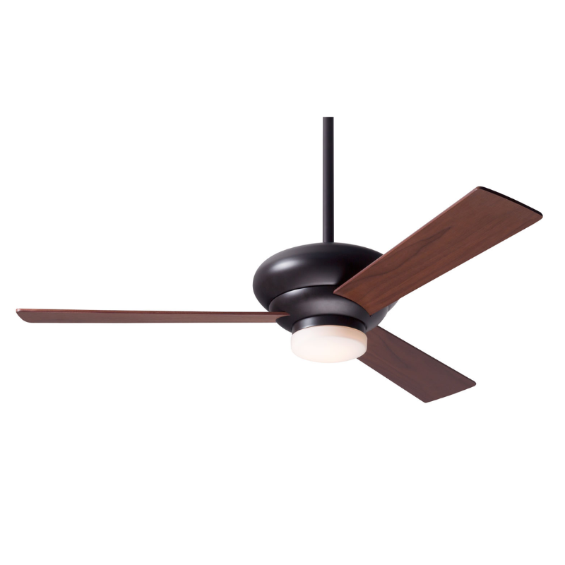 The Altus 42" suspended ceiling fan with the  LED option from The Modern Fan Co. with the dark bronze body and mahogany color blades.