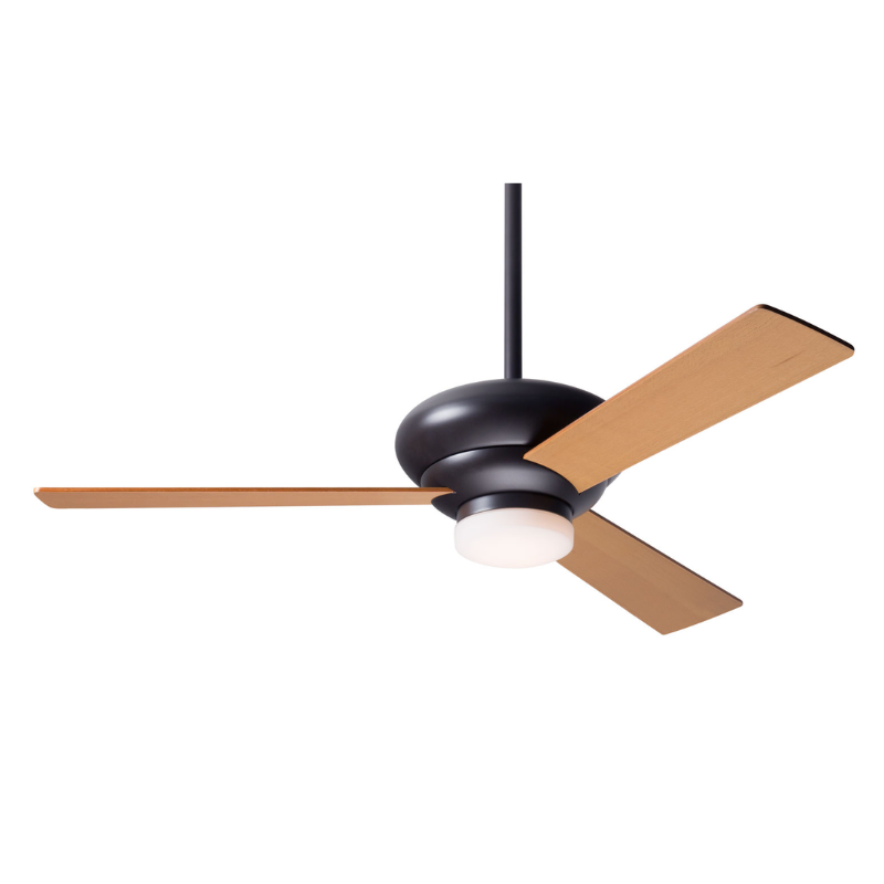 The Altus 42" suspended ceiling fan with the  LED option from The Modern Fan Co. with the dark bronze body and maple color blades.