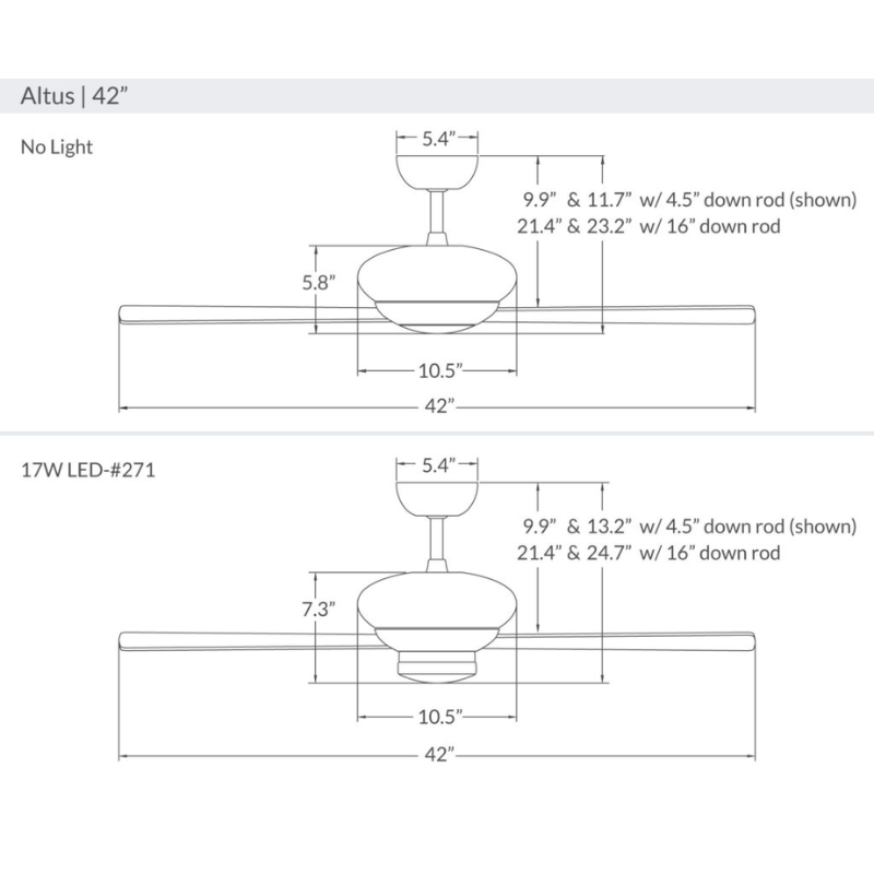 The dimensions for the Altus LED - 42" ceiling fan from The Modern Fan Co.