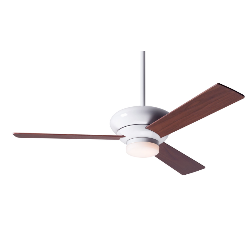 The Altus 42" suspended ceiling fan with the  LED option from The Modern Fan Co. with the gloss white body and mahogany color blades.
