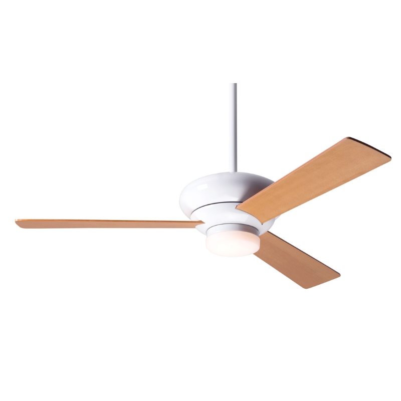 The Altus 42" suspended ceiling fan with the  LED option from The Modern Fan Co. with the gloss white body and maple color blades.