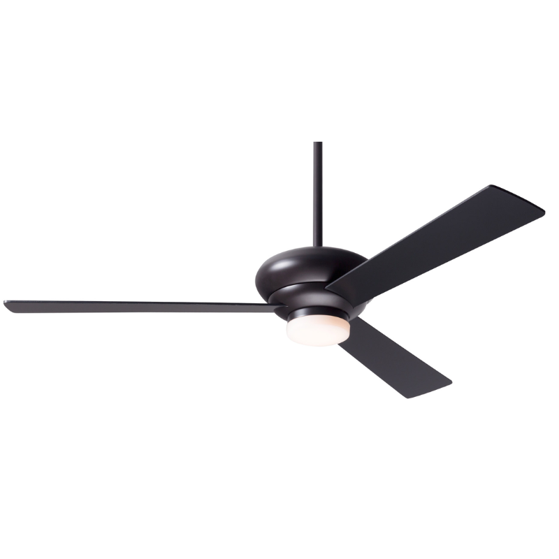 The Altus LED - 52" by the Modern Fan Co. with the dark bronze body and black plywood blades.