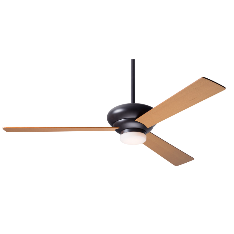 The Altus LED - 52" by the Modern Fan Co. with the dark bronze body and maple plywood blades.