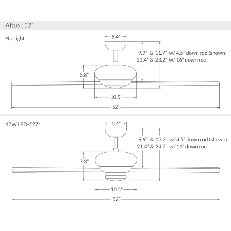 The dimensions for the Altus LED - 52" by The Modern Fan Co.