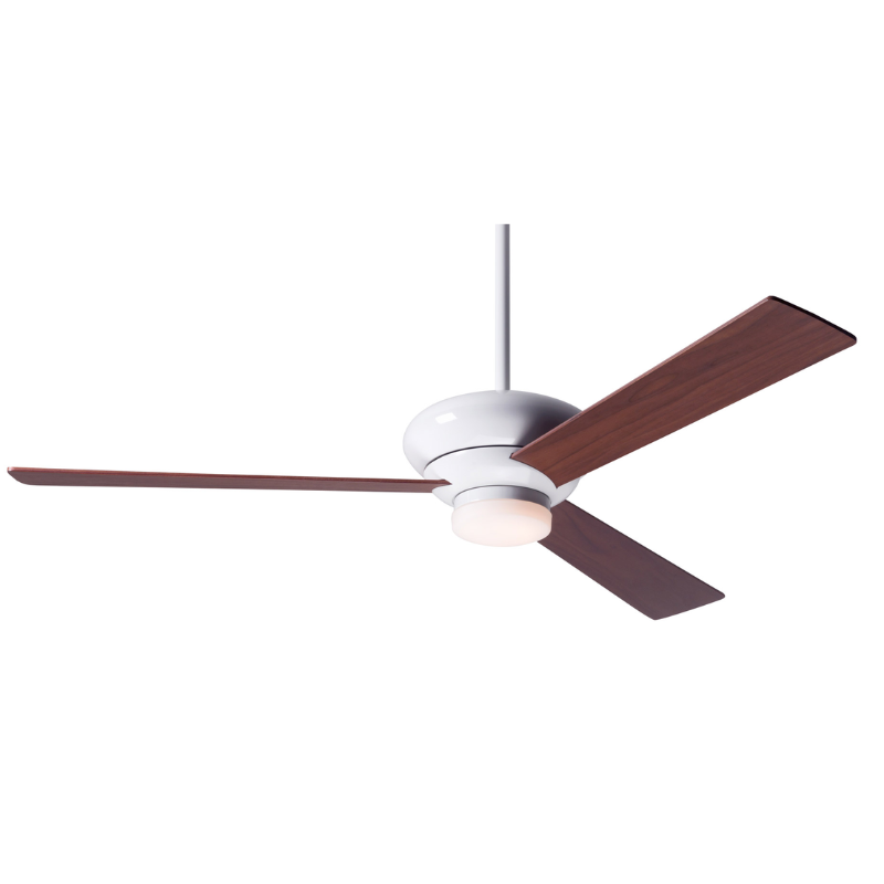 The Altus LED - 52" by the Modern Fan Co. with the gloss white body and mahogany plywood blades.