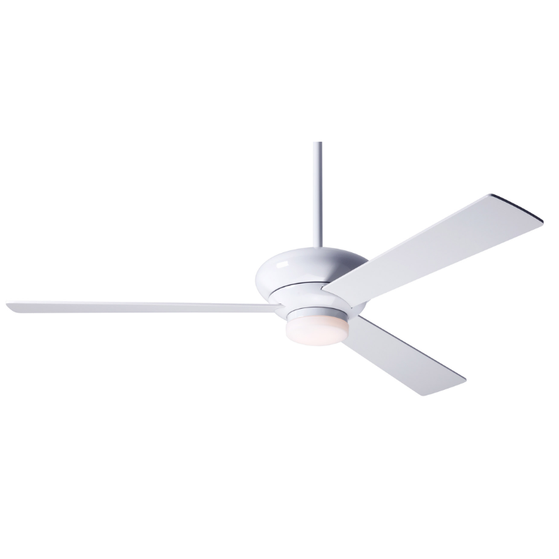 The Altus LED - 52" by the Modern Fan Co. with the gloss white body and white plywood blades.