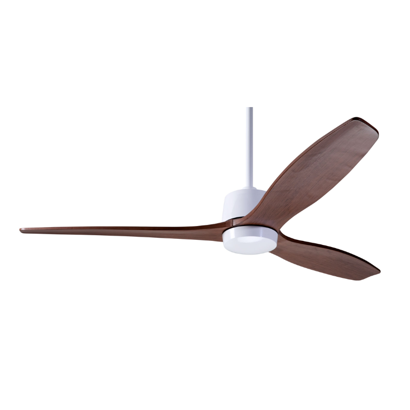 The Arbor DC - 54" ceiling fan by Modern Fan Co. with the gloss white finish and mahogany blades.