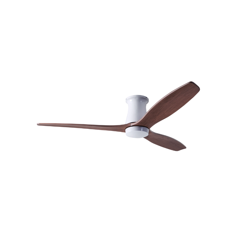 The Arbor Flush DC - 54" ceiling fan from The Modern Fan Co. with the gloss white body and mahogany blades.