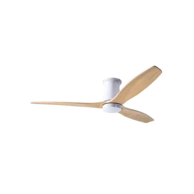 The Arbor Flush DC - 54" ceiling fan from The Modern Fan Co. with the gloss white body and maple blades.