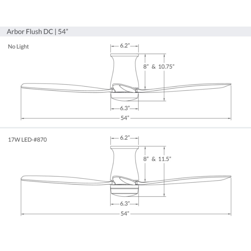 The dimensions for the Arbor Flush DC LED - 54" from Modern Fan Co. 