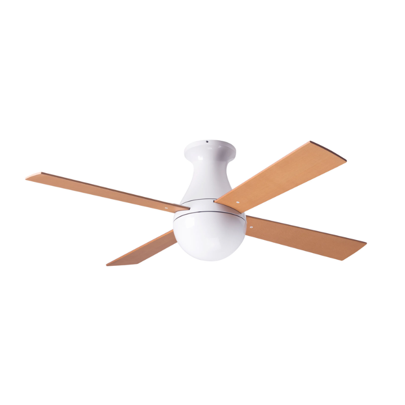 The Ball Flush ceiling fan from the Modern Fan Co. in gloss white with maple blade color.