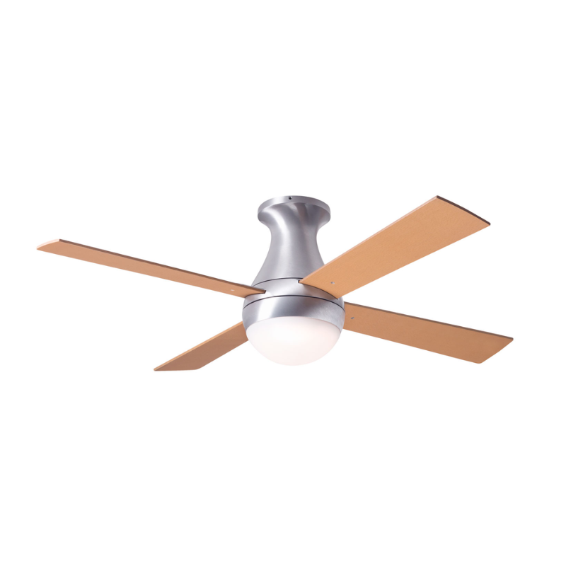 The Ball Flush ceiling fan from The Modern Fan Co. with 42" blades and the LED option. This fan has the brushed aluminum fan finish, and maple blade color.