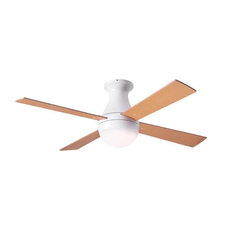 The Ball Flush ceiling fan from The Modern Fan Co. with 42" blades and the LED option. This fan has the gloss white fan finish, and maple blade color.