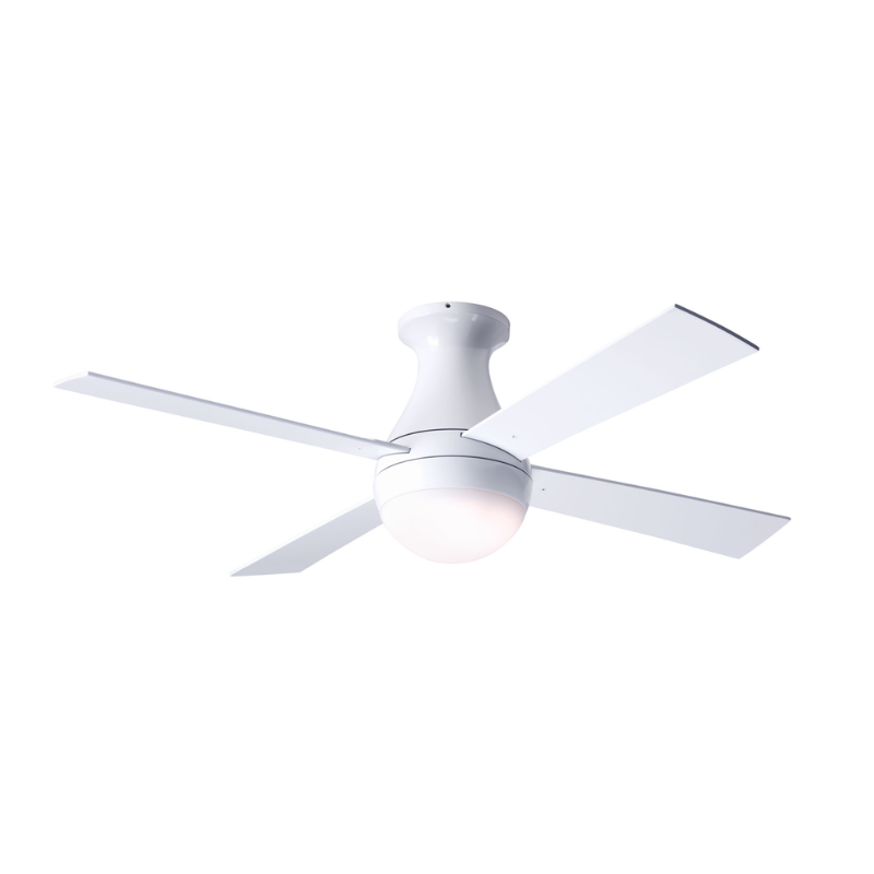 The Ball Flush ceiling fan from The Modern Fan Co. with 42" blades and the LED option. This fan has the gloss white fan finish, and white blade color.