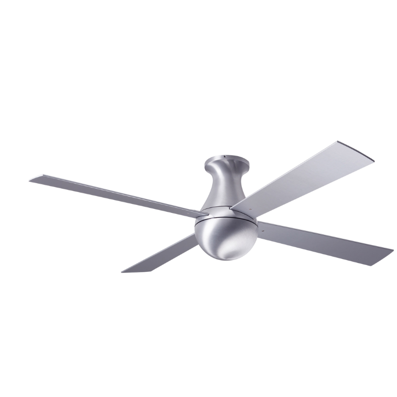 The Ball Flush ceiling fan from Modern Fan Co. with a 52" blade with a brushed aluminum body with aluminum color blades.