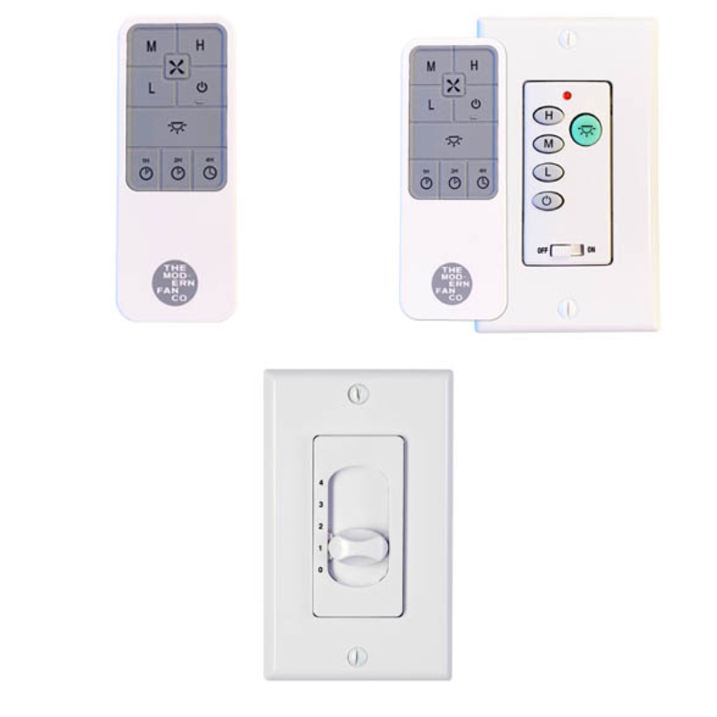 These are the three controller options for the Ball Flush ceiling fan from the Modern Fan Co. In the top left you have the handheld remote, top left is the wall and remote combo, and on the bottom the fan speed only option.