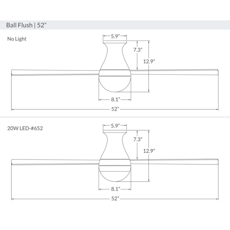 The dimensions for the Ball Flush ceiling fan from Modern Fan Co. with a 52" blade.