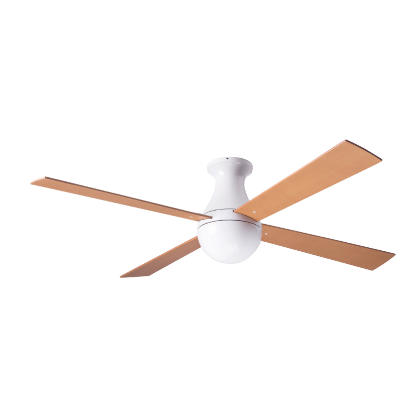 The Ball Flush ceiling fan from Modern Fan Co. with a 52" blade with a gloss white body with maple color blades.