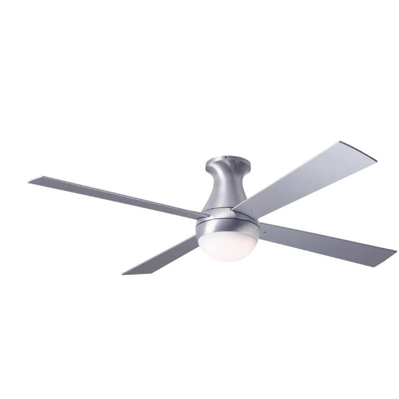 The Ball Flush LED ceiling fan from the Modern Fan Co. with the brushed aluminum body, and aluminum color blades.