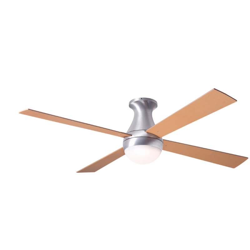 The Ball Flush LED ceiling fan from the Modern Fan Co. with the brushed aluminum body, and maple color blades.
