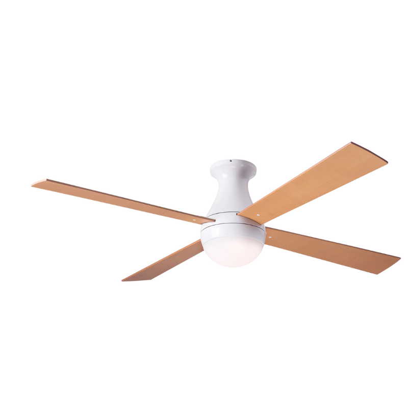 The Ball Flush LED ceiling fan from the Modern Fan Co. with the gloss white body, and maple color blades.