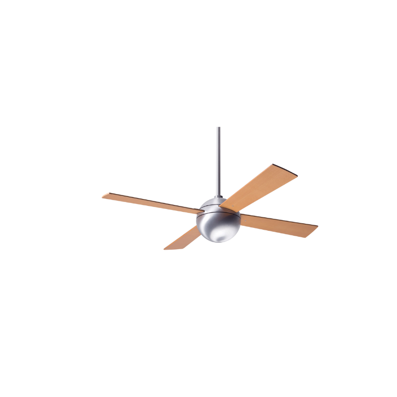 The Ball ceiling fan from Modern Fan Co. with the 42" span, brushed aluminum body and maple color blades.