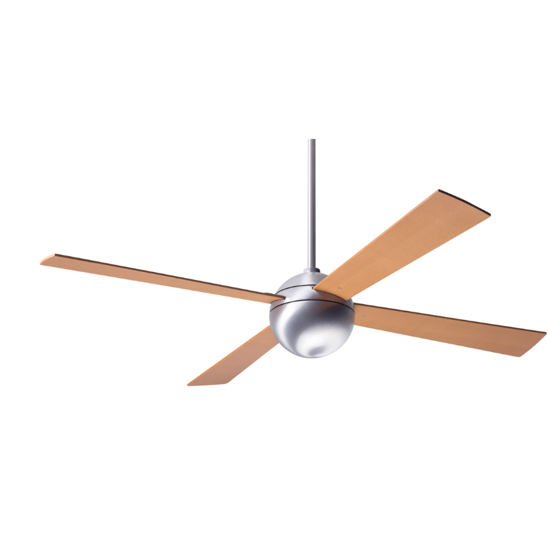 The Ball - 52" ceiling fan from The Modern Fan Co. with a brushed aluminum body and maple blades.