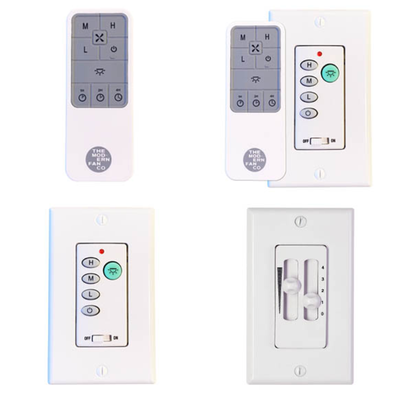 These are the four controller options for the Ball LED ceiling fan from the Modern Fan Co. In the top left you have the handheld remote, top left is the wall and remote combo, bottom left is the fan and light 2 wire, and bottom right is the fan and light 3 wire.