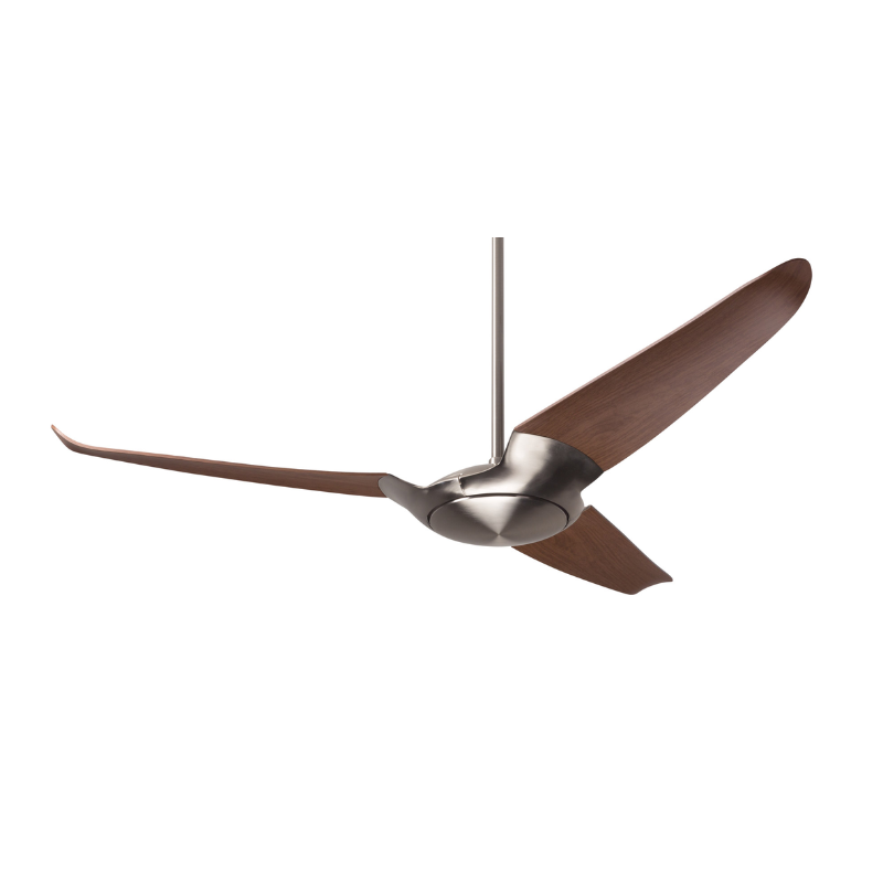 Made out of die cast aluminum with injection-molded ABS blades this is the IC/Air3 DC - 56″ from the Modern Fan Co. This photograph shows the bright nickel body and mahogany blade options.