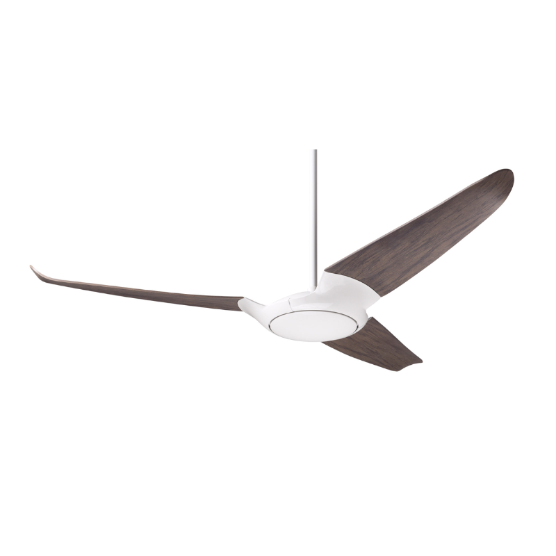 Made out of die cast aluminum with injection-molded ABS blades this is the IC/Air3 DC - 56″ from the Modern Fan Co. This photograph shows the gloss white body and graywash blade options.