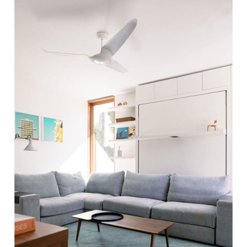 The IC/Air3 DC - 56″ from the Modern Fan Co.  above a sofa in a living room.